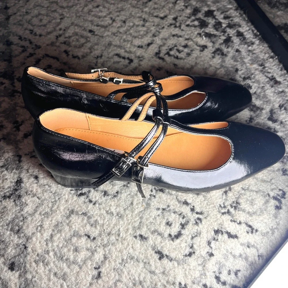 Snyth Black Patent Leather Double T Strap Mary Jane Block Heel Pumps EU 40